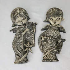 Vintage MCM Angels Wall Hangings Kitsch Christmas Lot Of 2 Harp Ukulele 6" 