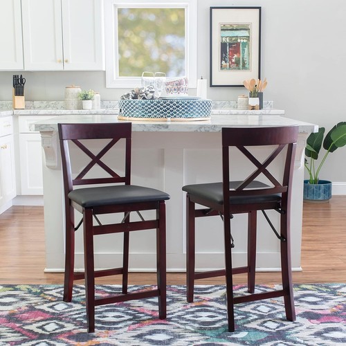 Fully Assembled Folding Counter Stool in Brown Faux Leather & Merlot Finish - Picture 13 of 20