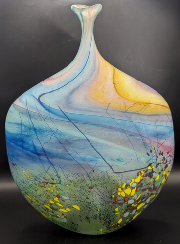 33 cm Large PETER LAYTON 1990s British Studio Glass Satin LANDSCAPE Dropper Vase