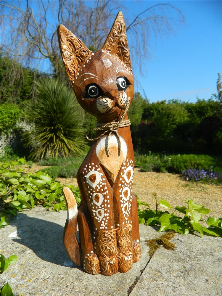 Wooden Cat Carving - Standing Shabby Chic Cat Ornament - Ginger 30cm