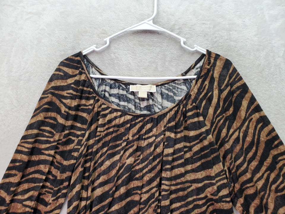 Blusa Top Michael Kors Para Mujer Grande Marrón Negro Estampado Tigre Plisada Cuello Redondo Foto 4 de 4