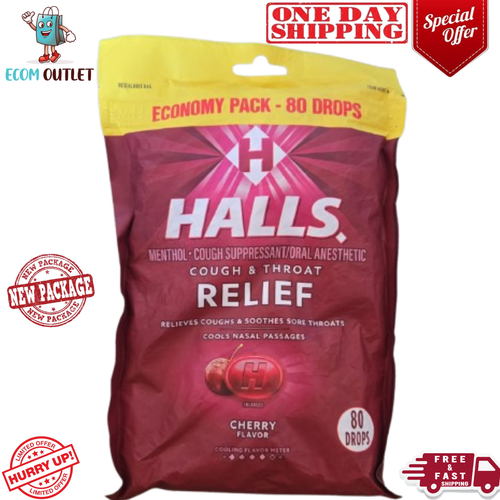 Halls ECONOMY PACK Cherry Cough & Throat Relief 80.ct Cough Drops Fast ...