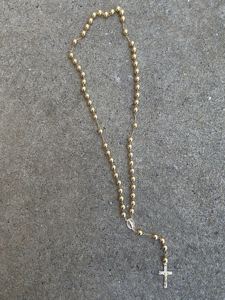 14k Gold Plated Solid 925 Silver Men's Rosary Beads Necklace Rosario ...