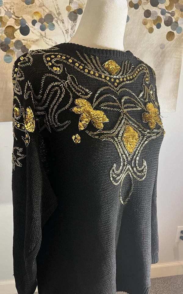 Suéter mediano Western Collection vintage años 80 para mujer lentejuelas negras con cuentas Foto 3 de 4