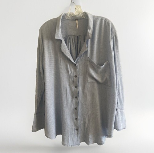 FREE PEOPLE Magic Breeze Blue Micro Stripe Bell Cuff Button Down Shirt Size S - Picture 4 of 10