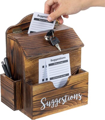 Wall Mountable Brown Wood Suggestion Box w/ Comment Card Slot, Pen Holder, Keys
