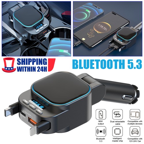 Retractable Car Charger 96W 4 in 1 Car Fast Charger for iPhone Samsung Android