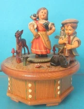 THORENS ANRI ROTATING WOODEN MUSIC BOX TRUE LOVE BOY GIRL FLUTE MUSHROOM DEER