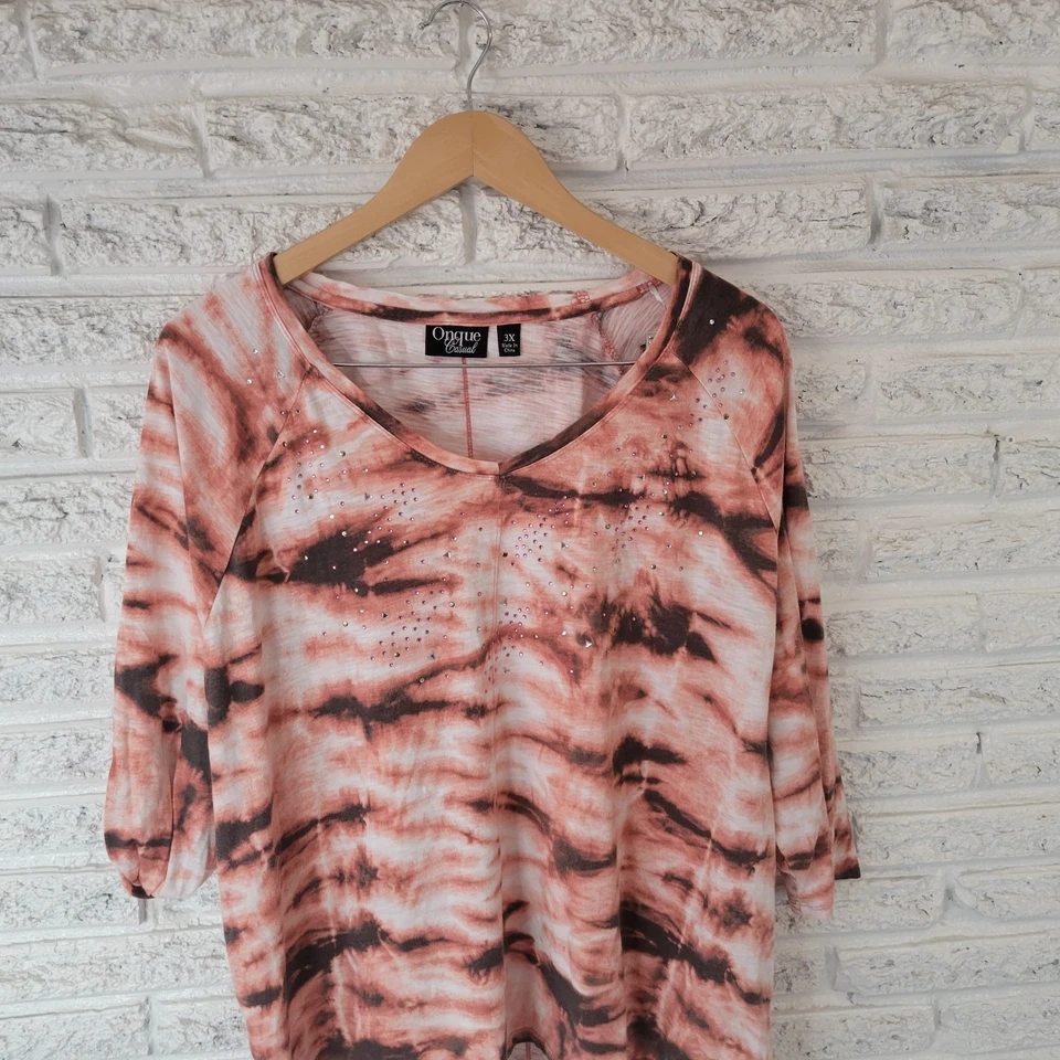 Onque Casual Womens Top 3X Plus Tee 3/4 Sleeve Pink Black Tie Dye Studded Comfy - Image 3 of 4