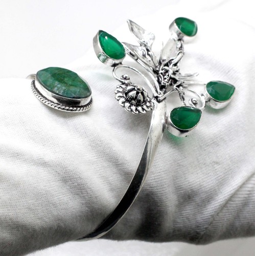 925 Sterling Silver Green Ruby & Emerald Gemstone Jewelry Cuff Bracelet Size-ADJ - Picture 2 of 9
