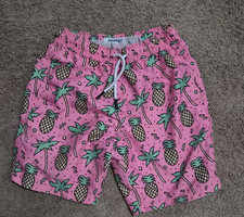 Boys Pink Pineapple Palm Tree Swim Shorts L Drawstring Elastic Waist Polyester