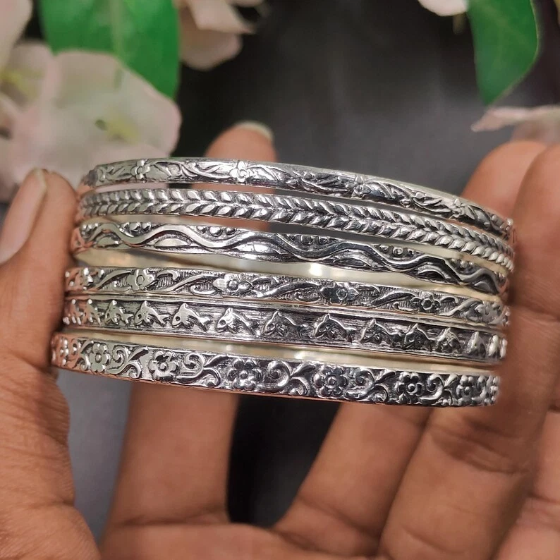 Hammered Set of 6 925 Sterling Silver Bangles for Stacking Lovely Bracelet RR11 - Image 3 of 4
