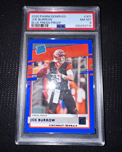 Panini 2020 Donruss Rated Rookie Joe Burrow RC Press Proof Blue #301 PSA 8