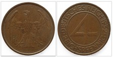 4 Reichspfennig 1932 E Deutsches Reich Weimarer Republik Br&uuml;ning Taler M&uuml;nze