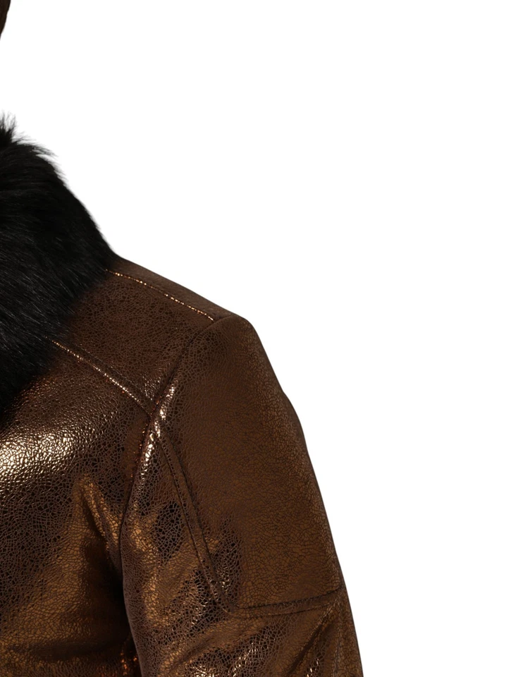 DOLCE & GABBANA Jacket Bronze Leather Fur Full Zip Men Biker IT46/US36/S 2630usd - Image 4 of 4