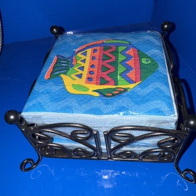 Vtg Creative Impressions  Tropical Fish  Cocktail Napkins 4 New Pks & Holder 