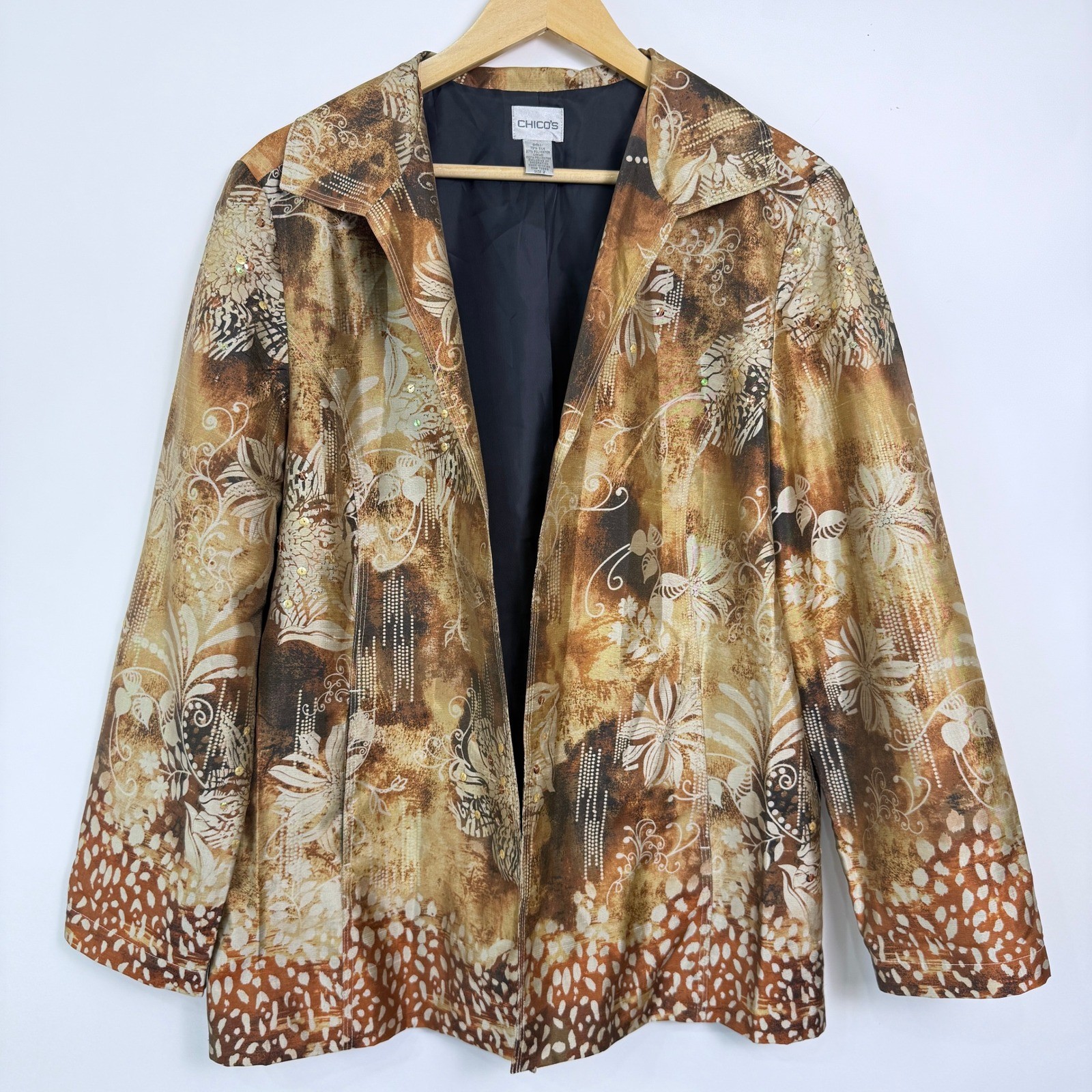 Chicos Silk Blend Open Front Jacket Blazer Size 2 (12) Floral Animal Print Artsy