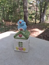 Blue Bird House Salt and Pepper Shakers Set of Two Ceramic Perched Hand Painted