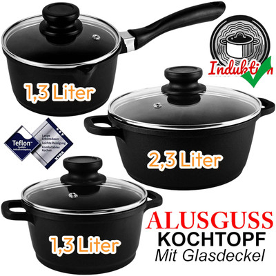 Kochtopf Stielkasserolle Aluguss Guss Töpfe Induktion Keramik Glasdeckel Deckel