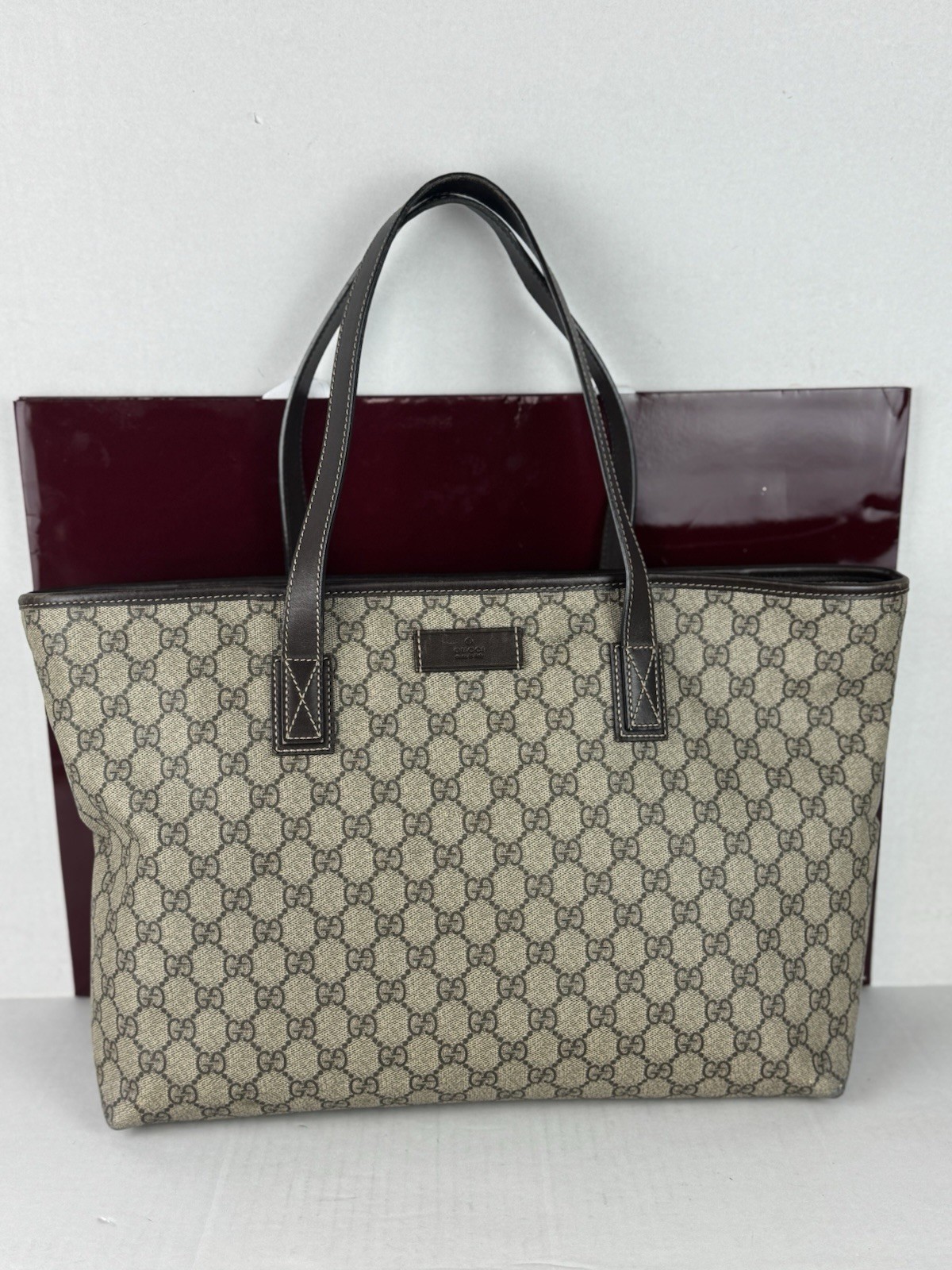 Gucci GG Supreme Plus Tote Bag in PVC Leather Beige Dark Brown Shoulder Purse