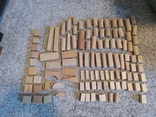 Lot of 104 buliding blocks, natural wood color, various sizes