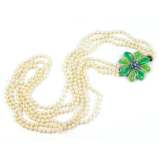 Multi 3 Strand Faux Pearl Green Enamel Flower Rhinestone Necklace 30"