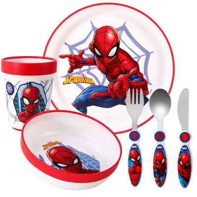 Juego de cubiertos de vajilla de 6 piezas para niños Spiderman - plato/tazón/taza/cuchillo/tenedor/cuchara