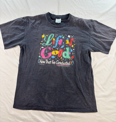 Vtg Single Stitch Graphic T-Shirt Life is Good Now That Ive Graduated Peacock L