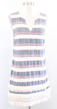 Holding Horses Anthropologie Striped Tweed Fringe Shift Dress Size 4 Red Blue