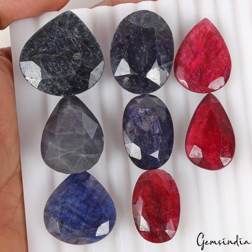 Lote de gemas sueltas corte mezcla zafiro azul rubí rojo natural 450 quilates/8 piezas para joyería - Imagen 5 de 7