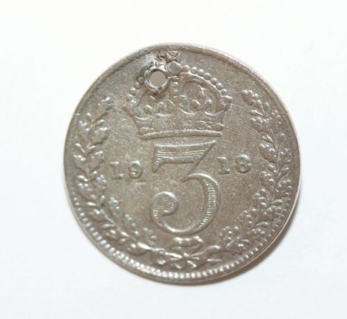 1918 britische 3-Pence-Münze mit Stanzloch, Sterlingsilber 925, echt - Bild 1 von 3