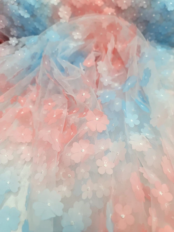 Cotton Candy Spring Floral Lace Fabric By the Yard 60" Wide Rainbow 3D Flowers - Image 3 of 4