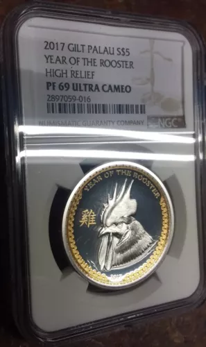1k Minted 2017 Palau 1 oz 999 Silver Coin Lunar Rooster GILT NGC PF 69 UCAM HR