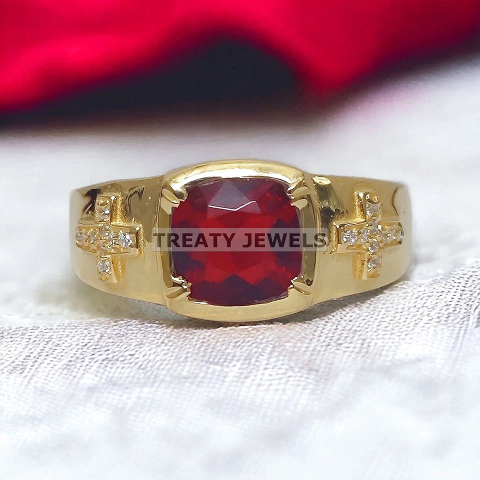 Ruby Cushion Cut With 925 Sterling Silver Gold Plated Ring For Men's #972 - Image 2 of 4