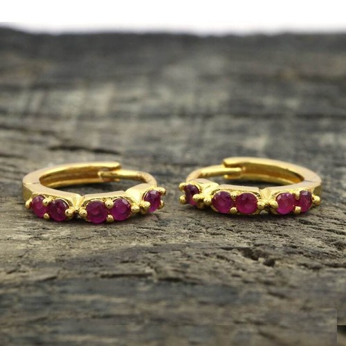 Natural Red Ruby Women Huggie Hoop Earrings 10k Solid Gold Earrings m483 - Picture 6 of 6