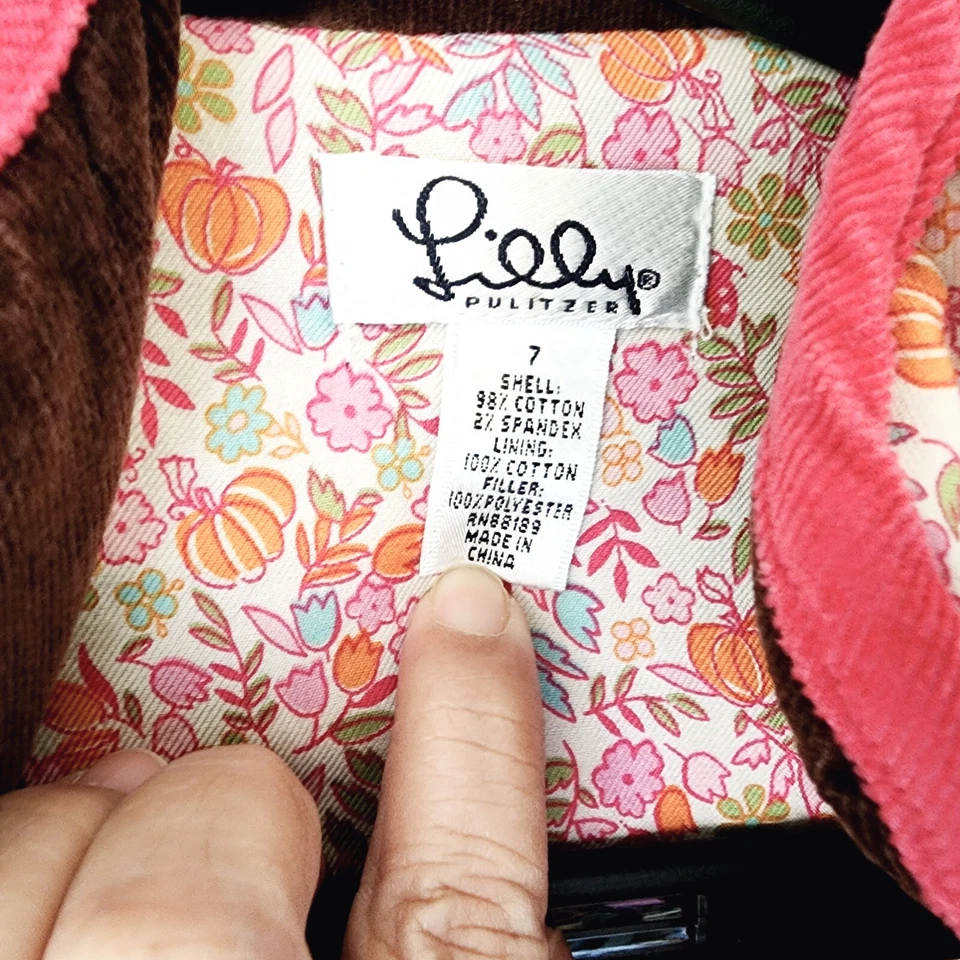 Abrigo De Colección Lilly Pulitzer Niñas Talla 7 Marrón Pana Quited Forro Floral Algodón Foto 2 de 4