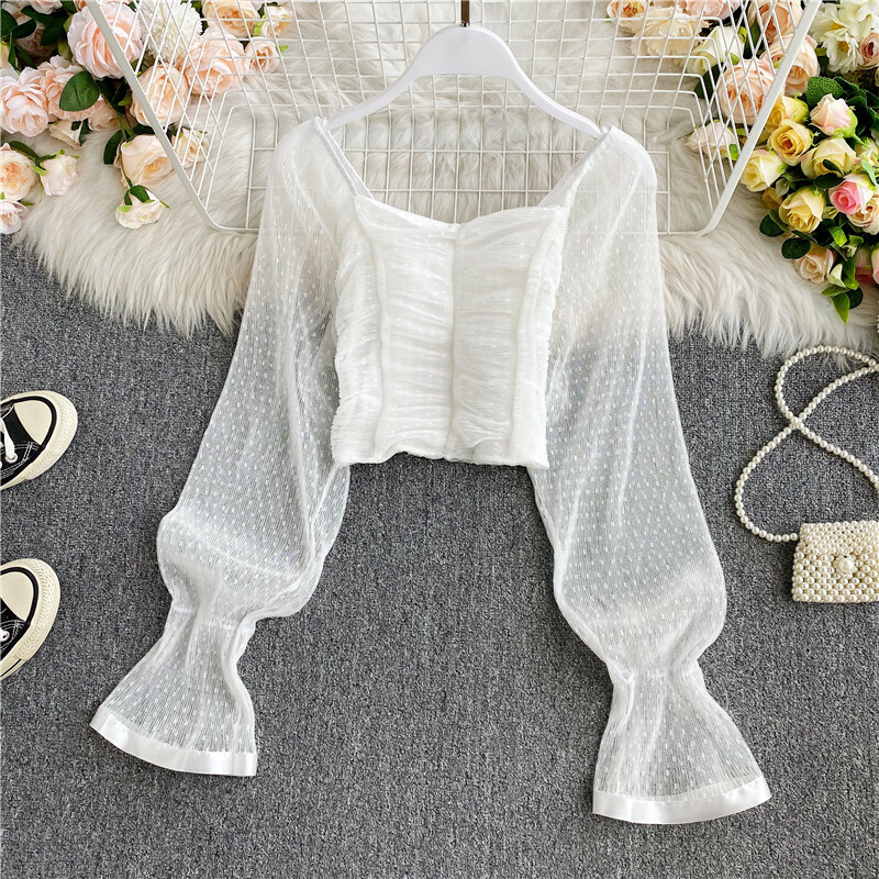 Women Dot Chiffon Mesh Cropped Tops Blouses Flared Sleeve Slim Chic Elegant image 2