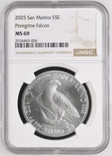 2025 San Marino PEREGRINE FALCON Silver 5 Euro S5E MS69 NGC TOP POP!!!