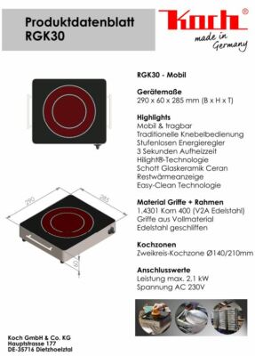 KOCH RGK30 Mobiles Kochfeld Schott Ceran & E.G.O Technik 2Kreis 2100 W 9 Stufen