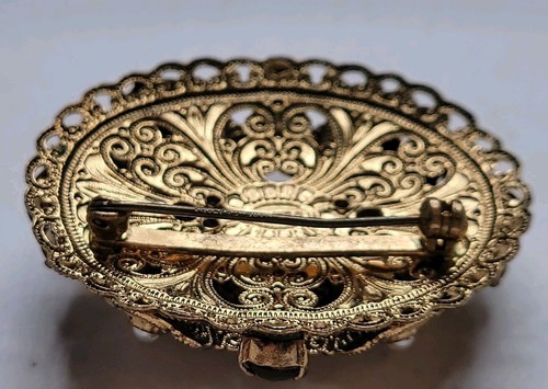 Broche DE COLECCIÓN Alemania Occidental Filigrana Ámbar Vidrio Cabujón Estrás Tono Dorado - Imagen 7 de 8
