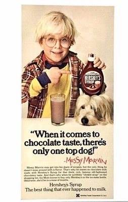 1983 Hershey's Chocolate Syrup Messy Marvin vintage Print AD Advertisement