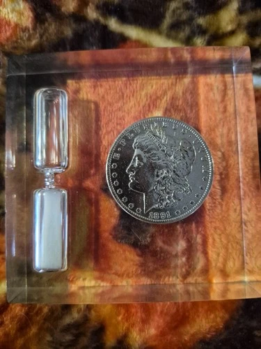 1891 Morgan Silver Dollar In Acrylic Block/ Hour Glass