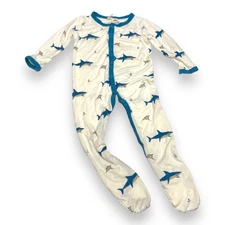 Kyte Baby Deep Sea Snap Footie Shark Print Blue Cream Gray 6-12 Months Bamboo