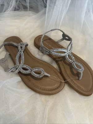 CentroPoint Women's Braided T-strap Thong Slip On Flat Sandals, Silver PU Size 5