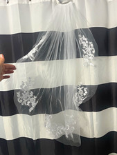 White Fingertip Tulle Wedding Veil with Lace Applique and Comb