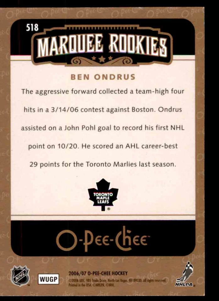 2006-07 O-PEE-CHEE BEN ONDRUS ROOKIE TORONTO MAPLE LEAFS #518 - Image 2 of 2