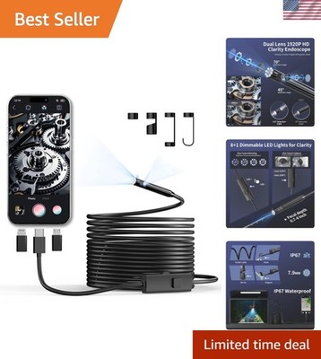 Dual Lens Inspection Camera - 8 Adjustable LEDs, Waterproof 16.4ft Snake Cable