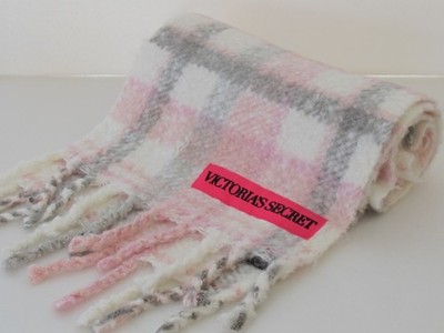 Victoria s Secret Pink Gray White Plaid Blanket Scarf Wrap Shawl Soft Cozy
