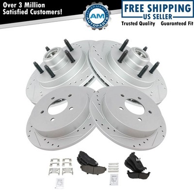 Front Rear Posi Metallic Brake Pad & Performance Drilled Slotted Rotor