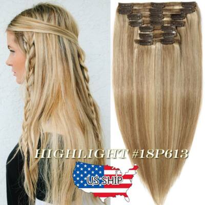 Clip in Hair Extensions Thick Double Weft Remy Human Hair Extensions FULL HEAD H